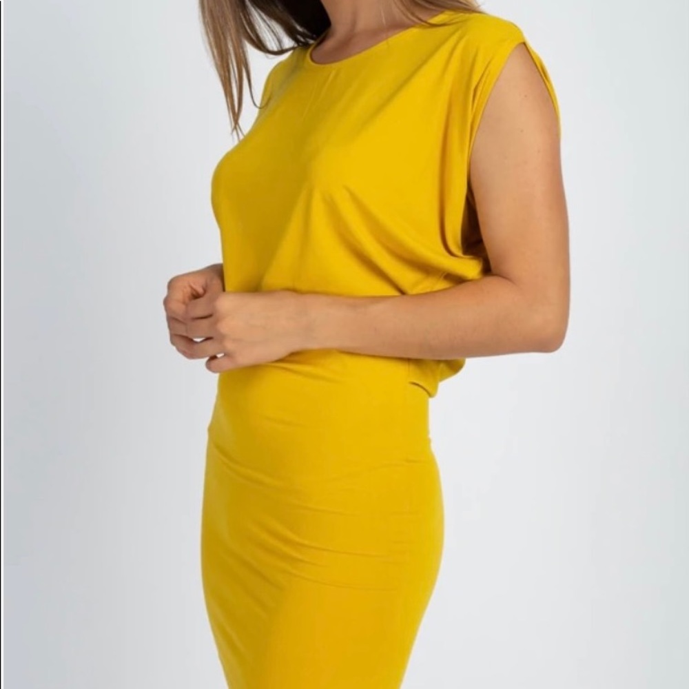 Mustard Yellow Sleeveless Mini Dress | Stretch Knit Fabric | Two-Way Styling - Picture 5 of 5